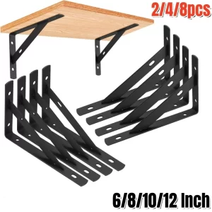 2/4/8PCS Heavy Duty Tripod Shelf Brackets Black Steel Floating Shelf Wall Mount L Shaped Brackets Shelves Support Angle Bracket